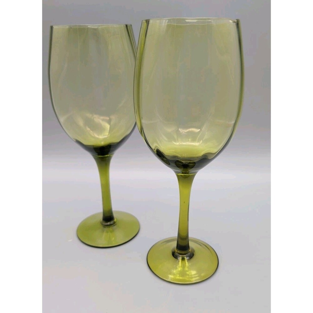 Vtg Mid Century Olive Green Optic Wine Glasses Avocado Stemware Goblets Set of 2